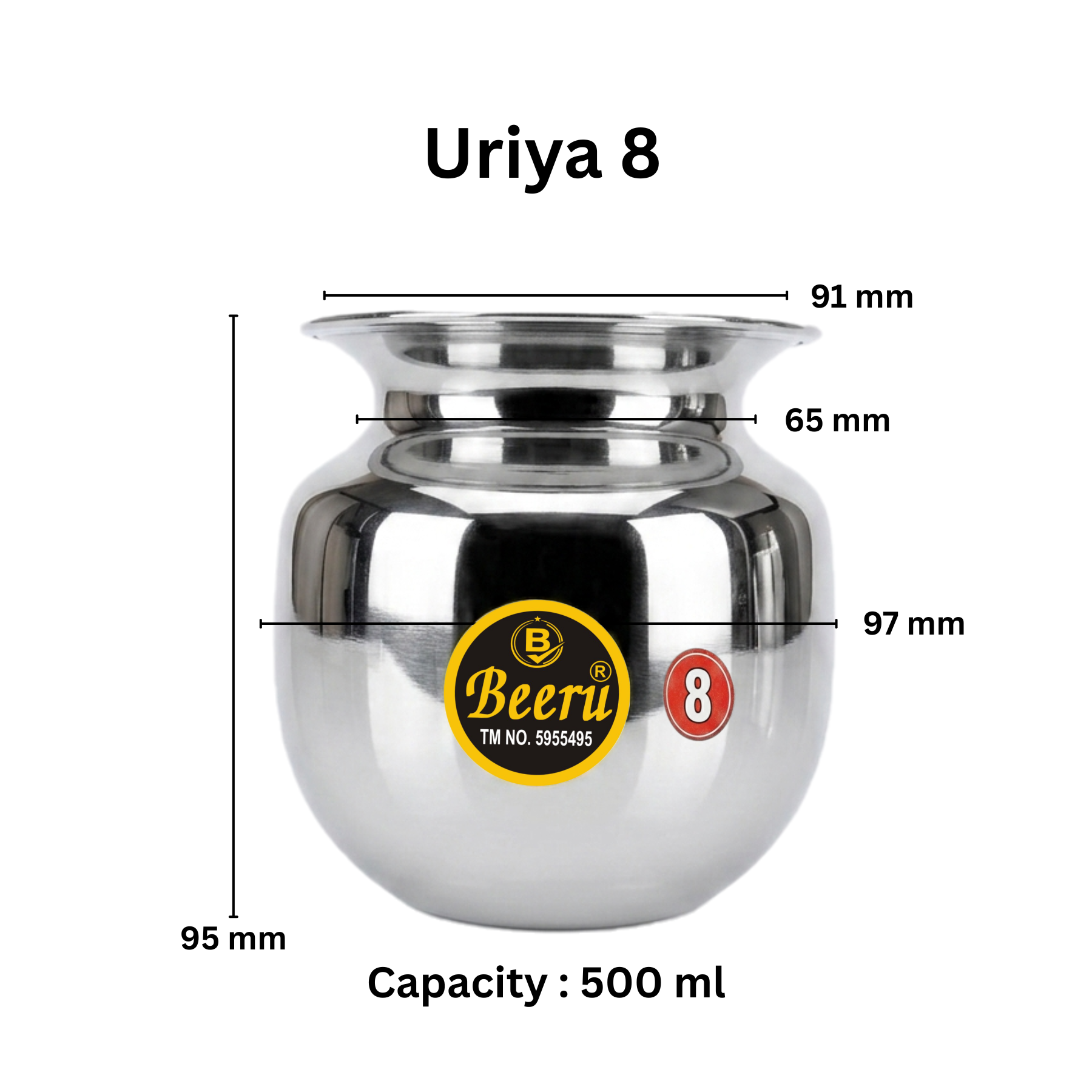 BEERU Stainless Steel Lota with Mirror Finish,Heavy Lota - 500ml , Silver (Weight-130 gram), Multipurpose ,Size 8 - Image 2