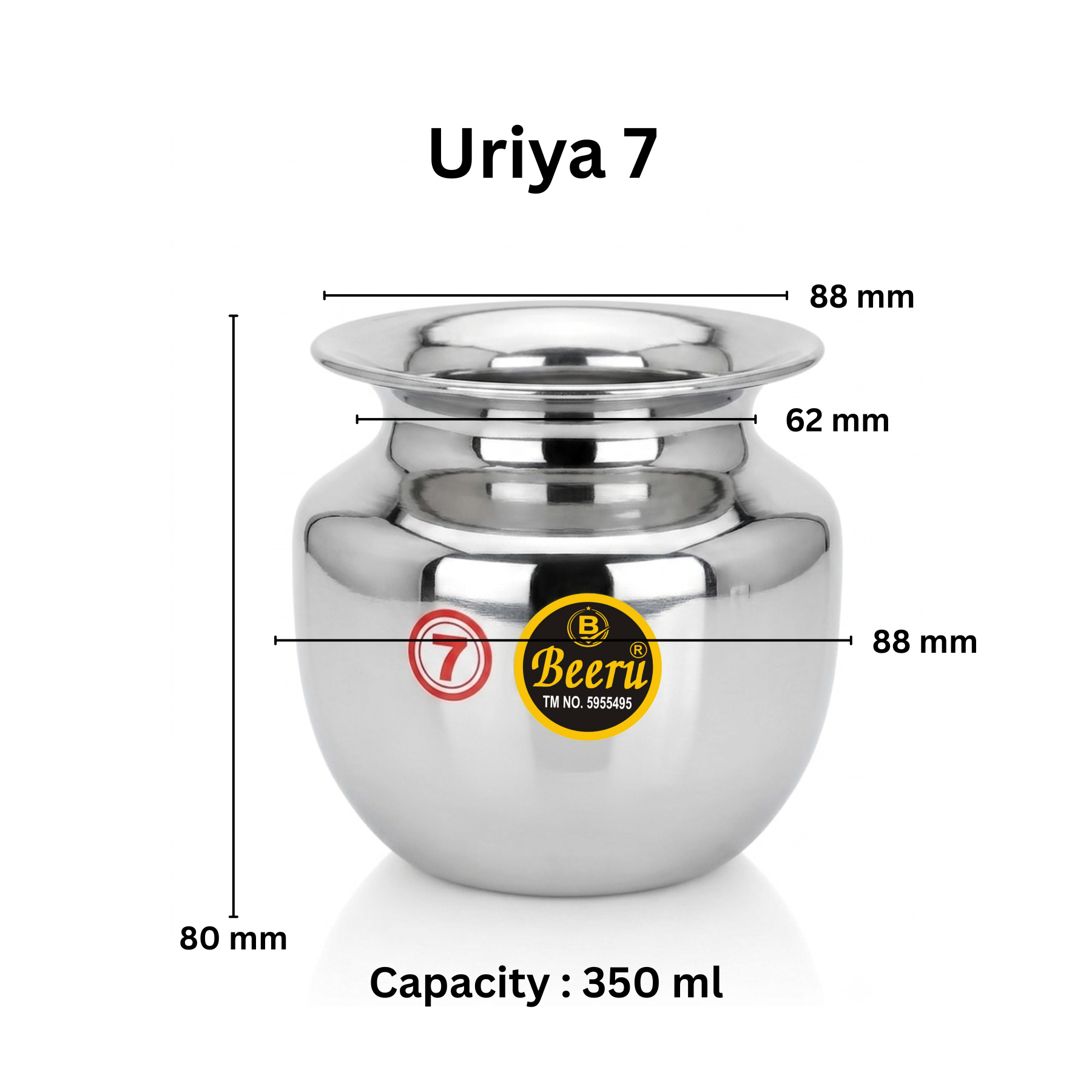 BEERU Stainless Steel Lota with Mirror Finish and Ergonomic Neck Design, Multipurpose ,Size 7, Capacity 350 ml - Image 2