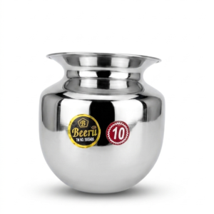 BEERU Stainless Steel Heavy Lota | Durable & Rust-Resistant | Water Pot for Home & Puja | Silver- 1 L ,Size 10 ,Suitable for Temple Rituals Home, Kitchen , Daily use