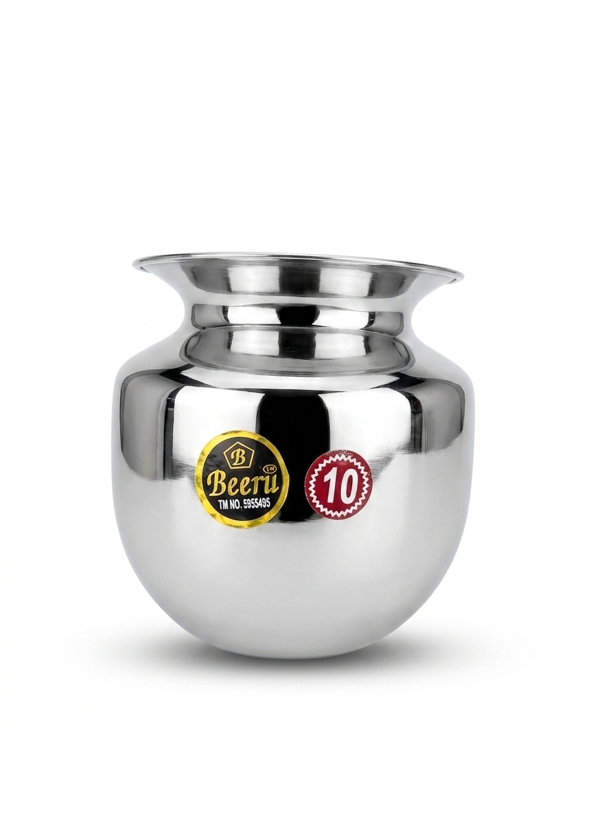 BEERU Stainless Steel Heavy Lota | Durable & Rust-Resistant | Water Pot for Home & Puja | Silver- 1 L ,Size 10 ,Suitable for Temple Rituals Home, Kitchen , Daily use