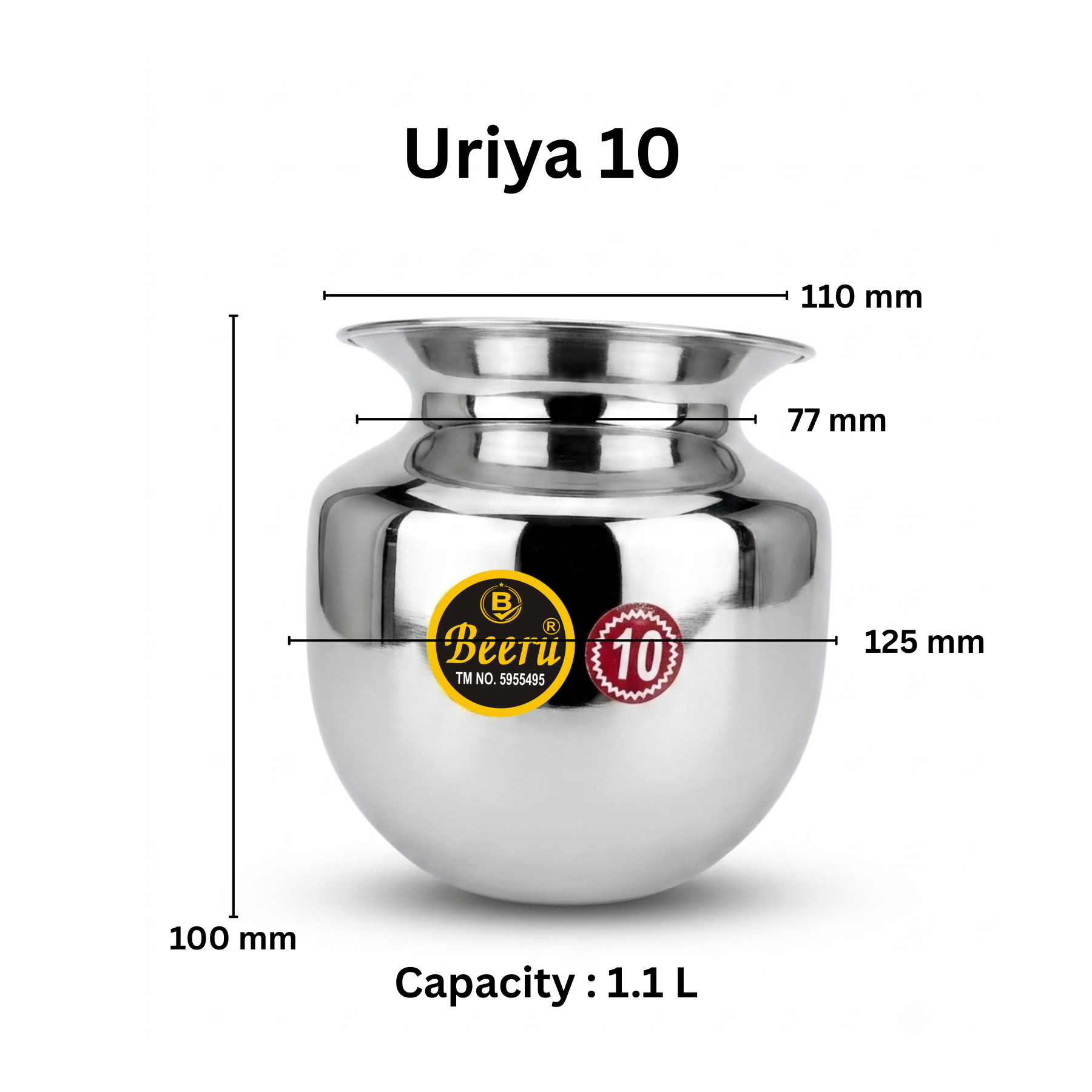 BEERU Stainless Steel Heavy Lota | Durable & Rust-Resistant | Water Pot for Home & Puja | Silver- 1 L ,Size 10 ,Suitable for Temple Rituals Home, Kitchen , Daily use - Image 2
