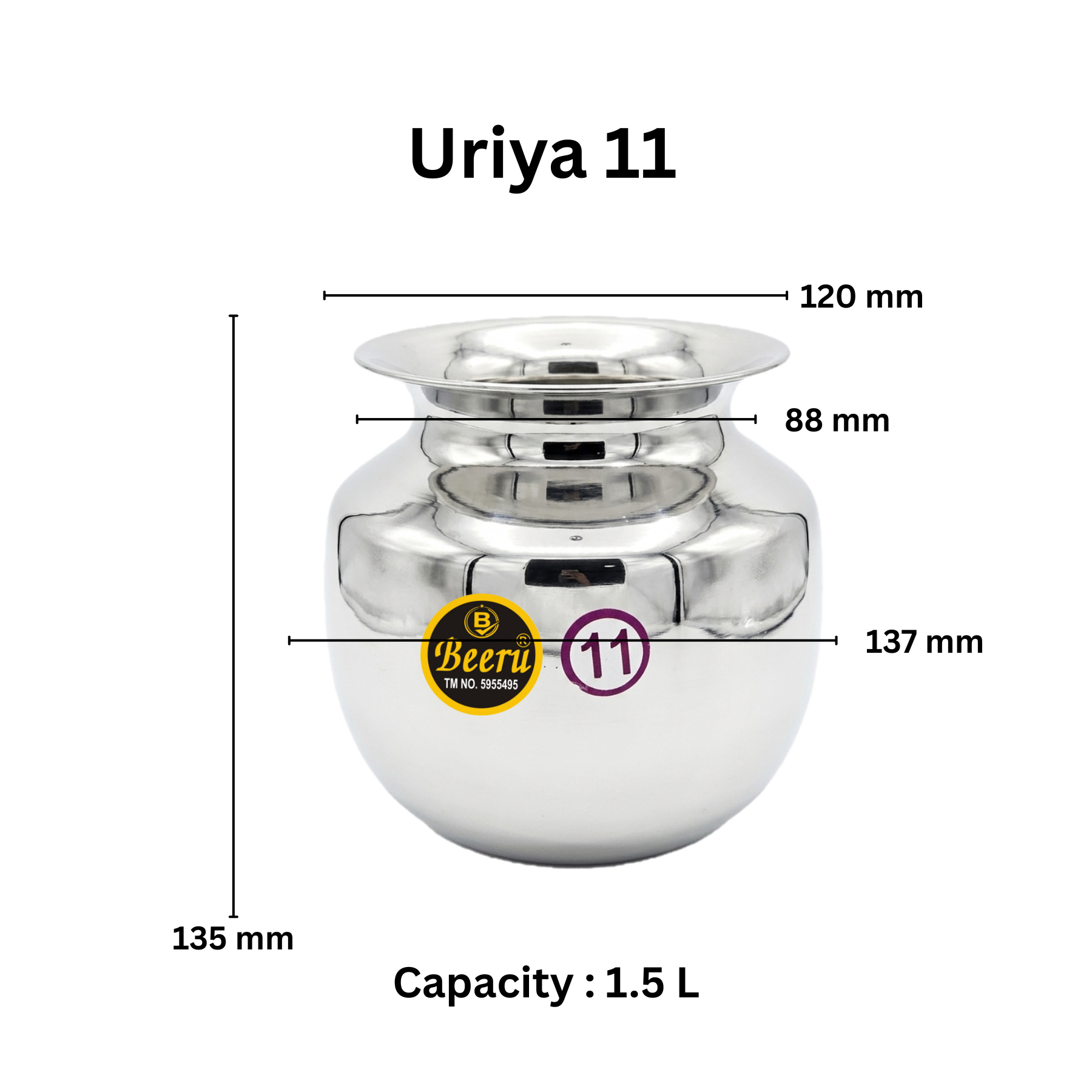 BEERU Stainless Steel Lota with Mirror Finish and Ergonomic Neck Design, Multipurpose ,Size 11, Capacity 1.5 L ml - Image 2